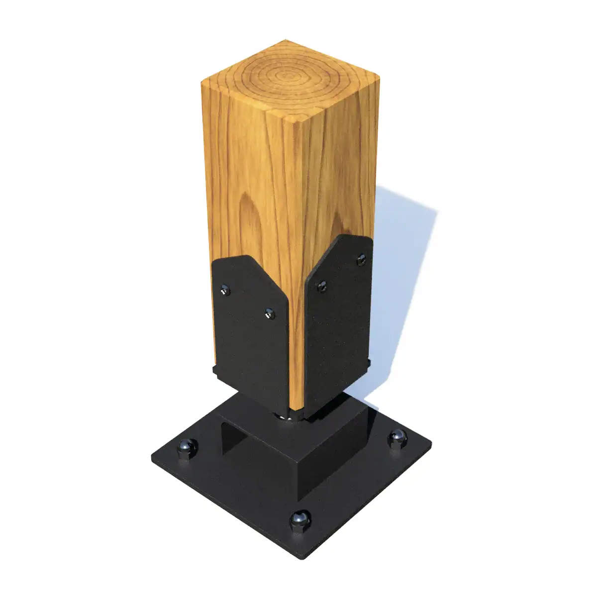 Foot part for pergola support with wooden post and metal base for stability.