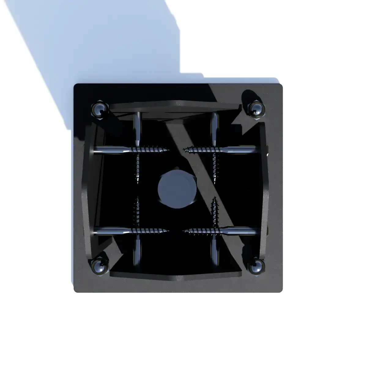Close-up of pergola foot part showing mounting hardware and structure.