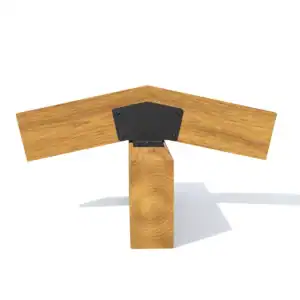 Close-up of a wooden pergola rafter joint with metal connector for sturdy construction.