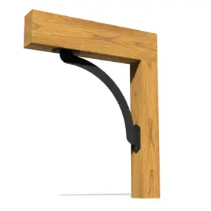 Shoulder support bracket for pergola, made of wood and metal for stability.