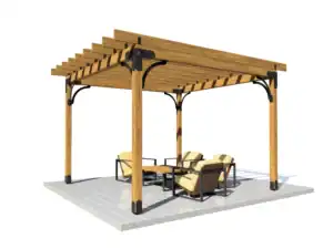Elegant wooden pergola with outdoor seating and shading.