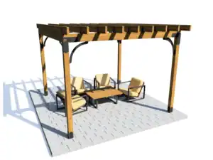 Elegant wooden pergola with outdoor seating and shade for garden or patio.
