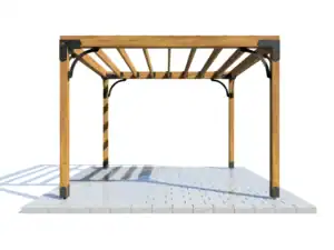 Outdoor wooden pergola with slatted roof and black metal accents for garden shade.