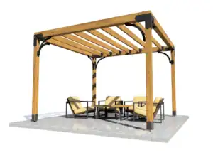 Outdoor wooden pergola with seating and table for garden relaxation.