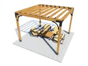Elegant outdoor pergola with wooden slats and seating for al fresco dining.