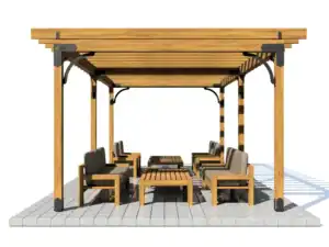 Wide wooden pergola with seating area and outdoor furniture.