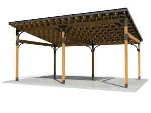 Elegant outdoor pergola with wooden beams and metal accents for garden shading.