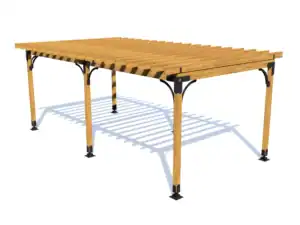 Outdoor wooden pergola for garden shade and relaxation.