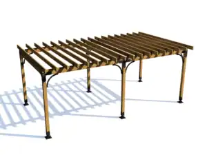 Wide wooden pergola for outdoor shade and relaxation.