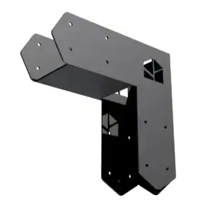 Steel corner bracket for pergola construction, ideal for outdoor pergola projects.