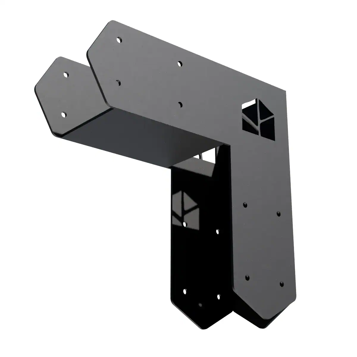 Steel corner bracket for pergola construction, ideal for outdoor pergola projects.
